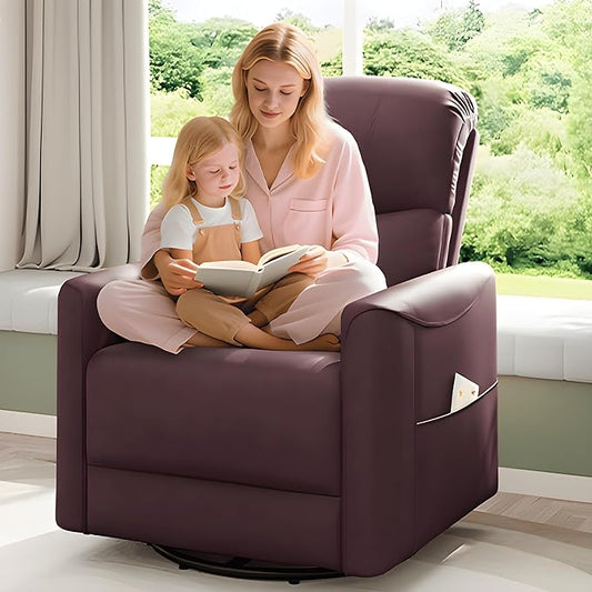 Power Swivel Rocker Recliner, 360° Swivel Nursery Rocking Chair, PU Leather Glider Rocking Recliner, Infinite Position Electric Chair for Adults with USB Port for Living Room, Burgundy