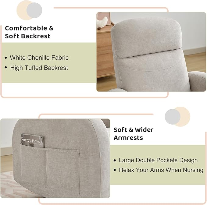 Nursery Swivel Rocker Recliner, Manual Nursering Glider Recliner, Chenille Swivel Rocking Nursery Recliners with Double Pockets for Living Room, Camel