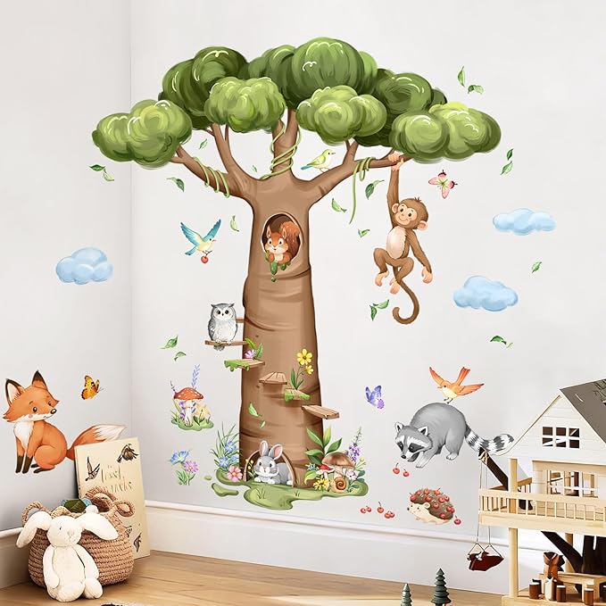 Tanlaby Woodland Animal Tree Wall Decals Rabbit Fox Monkey Baobab Tree Wall Stickers Peel and Stick Art Decor for Baby Nursery Kids Bedroom Toddler Room Decor