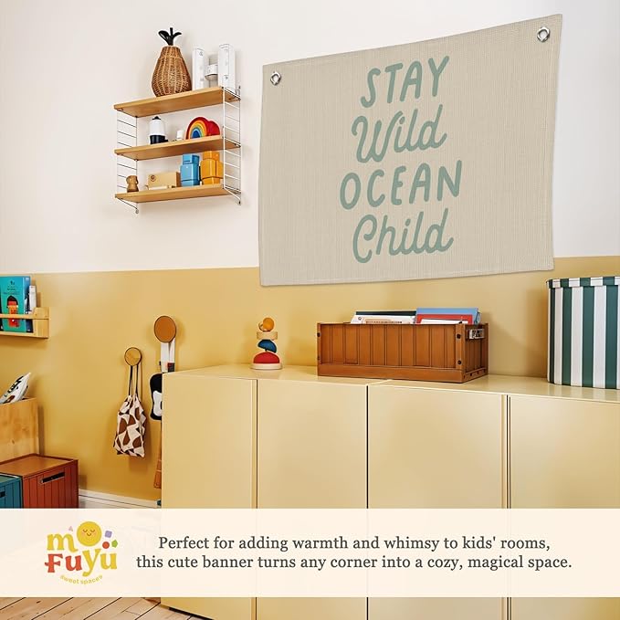 Stay Wild Ocean Child Linen Canvas Banner, Nursery Kids Room Playroom Home Decor, Baby Kids Boy Girl Gift, Beach House Decor 30x20 Inch