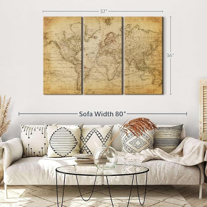 ElephantStock Old Century World Map Wall Art Multi Piece Canvas - 3 Piece Canvas World Map Wall Decor - Ready-to-Hang Print - Vintage Wall Art - 57" X 36"