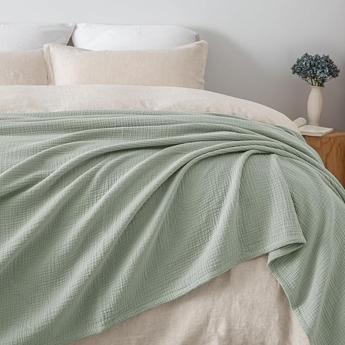 PHF 100% Cotton Muslin Blanket King Size 108"x90", 4-Layer Lightweight Gauze Throw, Breathable Cloud-Soft Minimalist Blanket for Bed, Couch, Camping & Baby, Sage Green, Ideal Gift