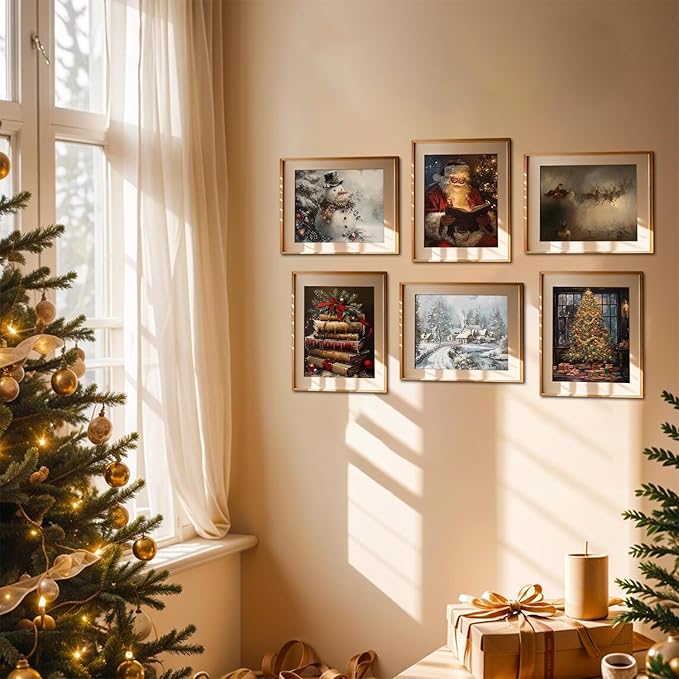 Vintage Christmas Santa Poster Set of 6, Santa Claus Pictures Wall Art Christmas Tree Wall Decor Painting Rustic Holiday Canvas Print Artwork for Living Room Farmhouse 8x10 inch Unframed