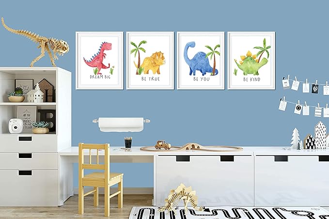 Gubrandin Watercolor Dinosaur Art Print Inspirational Quote Wall Art Nursery Bedroom Decoration Funny Animals Plants Poster for Boys or Girls Bedroom (8x10 inch，Set of 4，Unframed)