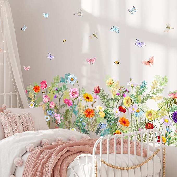 Colorful Flower Wall Decals Butterfly Wildflower Wall Stickers Floral Decor for Girls Bedroom Living Room Bedroom Wall Decor