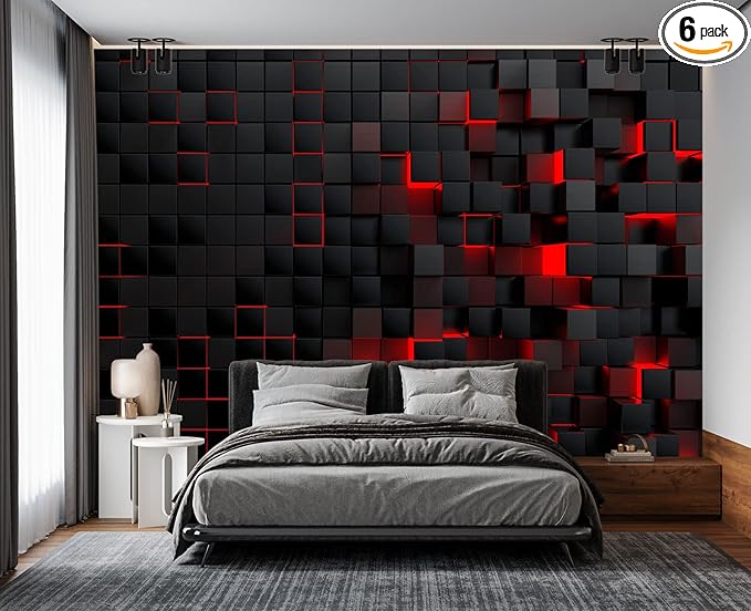 Tech Red Blocks Wall Mural Wallpaper for Bedroom 137" x 100"