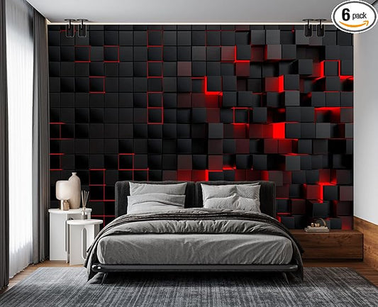 Tech Red Blocks Wall Mural Wallpaper for Bedroom 137" x 100"