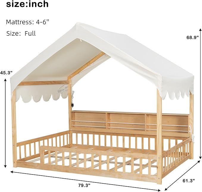 Merax Full Size Montessori Floor Bed for Kids Toddler, House Shaped Kids Full Bed Frame with Safety Guardrail, Curtain & Lights, Side Storage Bookshelves, Solid Wood Slats, Easy Assembly, Beign
