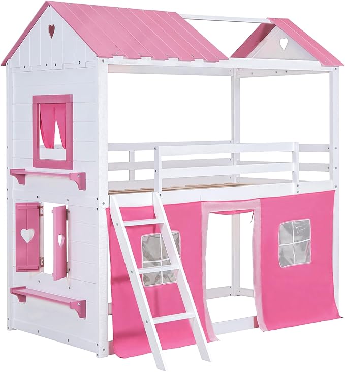 MERITLINE Full Over Full Princess Castle Bunk Bed with Tent,Ladders and Guardrail, Solid Wood Playhouse House Floor Bunk Bed with Windows and Roof (Full,Pink & White)