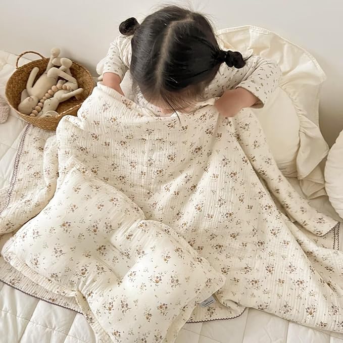 BuLuTu Muslin Toddler Blanket for Crib Toddler Bed Blanket Soft Breathable Swaddle Blankets for Girls Boys, Baby Quilt Summer Blankets with Reversible Crape Floral Pattern, 47"x51"
