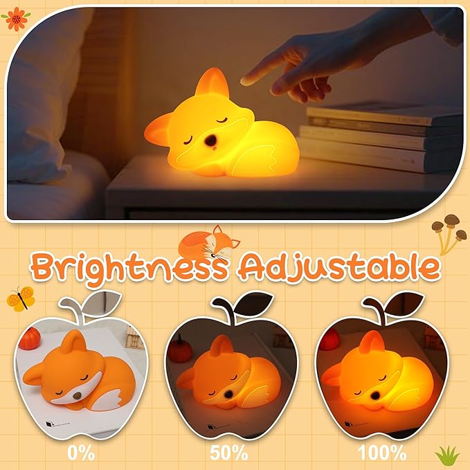 Fox Night Light, Cute Silicone Lamp with Dimmable 20 Mins Timer, Squishy Animal Nightlight Kids Bedside Decoration Light, Christmas White Elephant Gifts Idea for Baby Girl Boy Friend