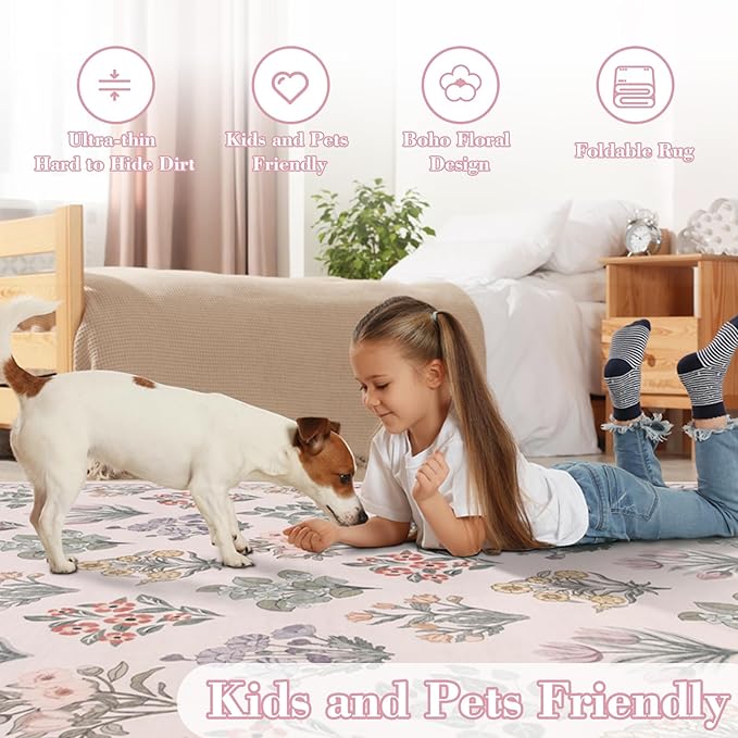 Wonnitar Floral 3x5 Washable Rug, Ultra-Thin Pink Small Rugs for Bedroom, Soft Ultra-Thin Non Slip Entryway Indoor Decor Carpet for Bedside Decor Office Girls Room Dorm, Pale Pink