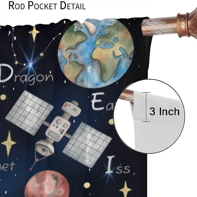 Cartoon Kids Alphabet Astronaut Curtain，Retro Cute Cosmic Galaxy Letter Printed Rod Pocket Blackout Window Treatments for Boys Girls Bedroom Living Room School 63" W X 72" L