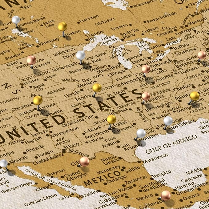 ElephantStock - Personalized Travel Push Pin World Map Wall Art - Horizontal Canvas Wall Art - Living Room Wall Decor - Digital Art Map Canvas Art - Orange And Beige Decor - 45" x 30"