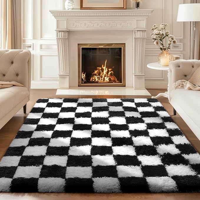 Ophanie Checkered Black & White Rug for Living Room Bedroom, Fluffy Soft Cute Fuzzy Area Rugs, Shag Plush Shaggy Bedside Floor 4x6 Furry Carpet for Kids Baby Teen Dorm Nursery Home Decor Aesthetic