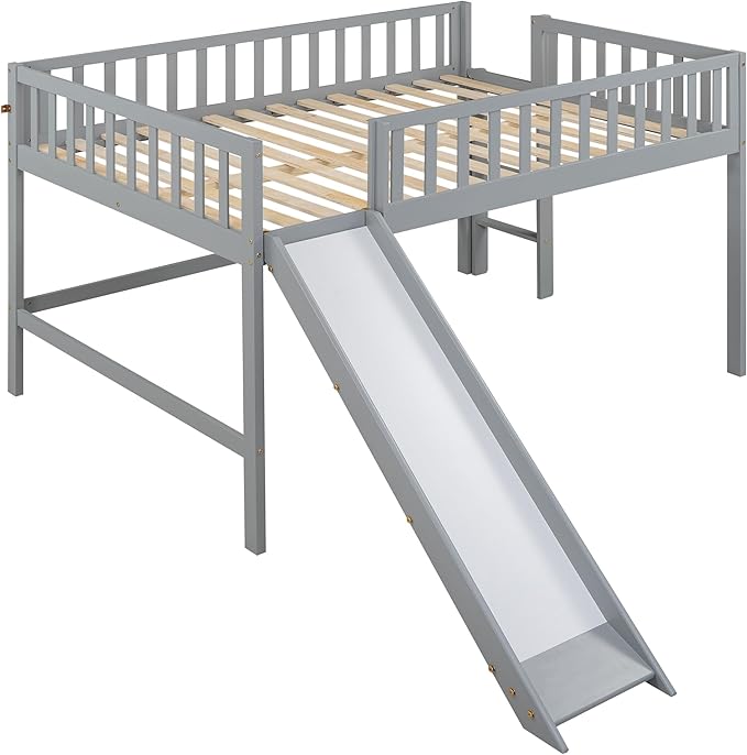 Full Size Low Loft Bed Frame for Boys Girls Kids Adults Toddler for Boys Girls Kids Adults Toddler with Ladder and Slide,Gray