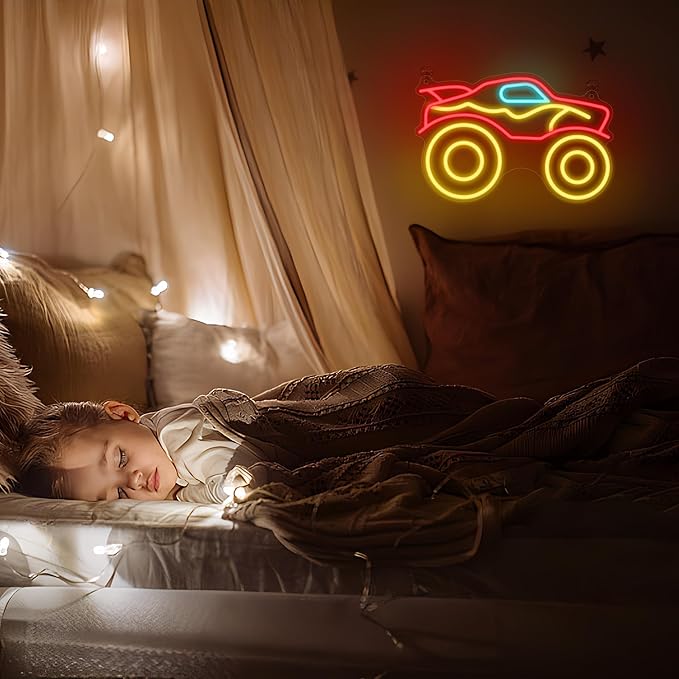 Monster Truck Neon Light, Dimmable LED Truck Neon Wall Sign USB Powered with 4-Color Lights, for Bedroom Living Room Game Room Man Cave Home Birthday Gift for Boys Men
