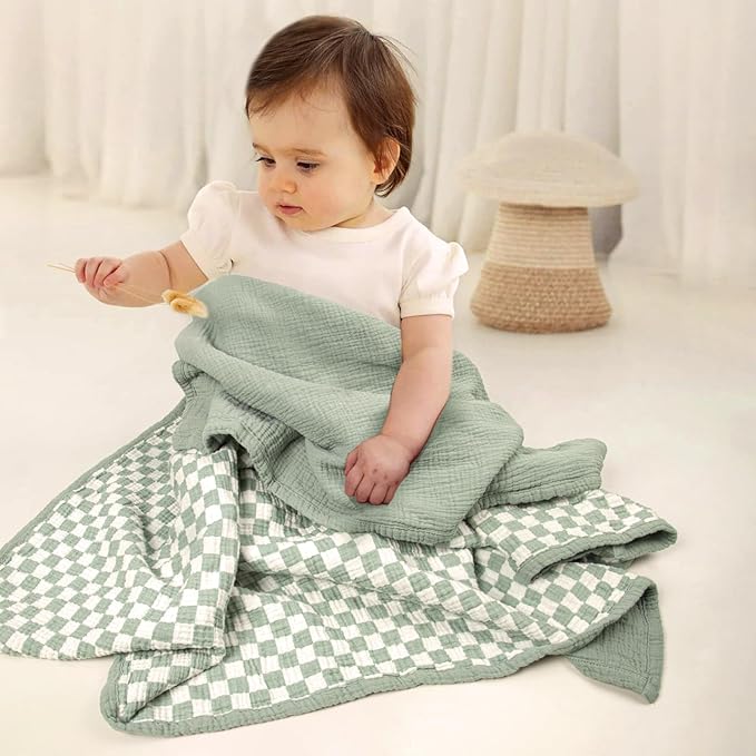 lulumoon Checkered Baby Blankets for Boys: Muslin Cotton Toddler Blanket for Daycare - Soft Lightweight for Nursery Stroller 47"× 47"（Sage Checkered）