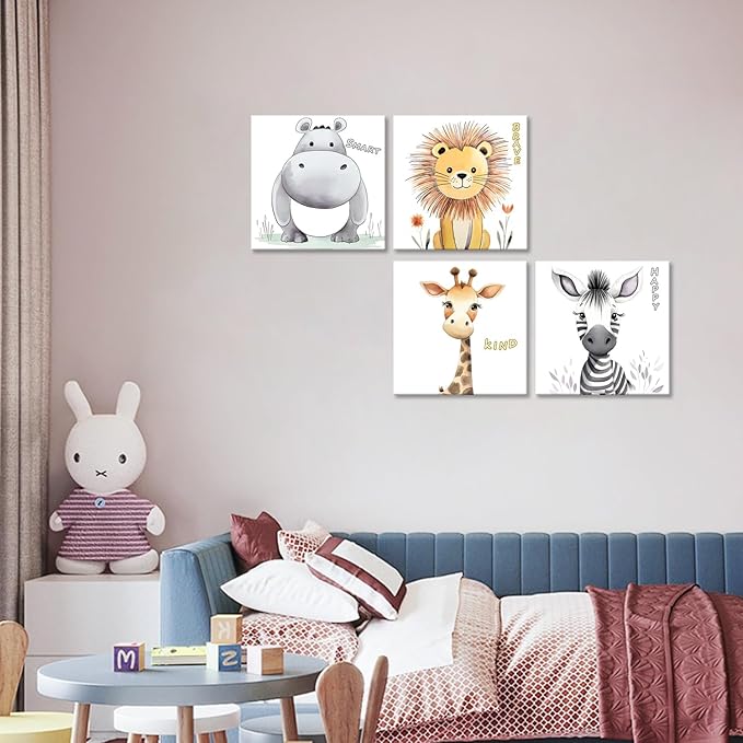 Nursery Wall Decor Motivational Quotes Canvas Print Wall Art for Kids Bedroom Safari Animal Jungle Boy's Girl's Art Frame Cute Baby Room Decor Artwork Set of 4