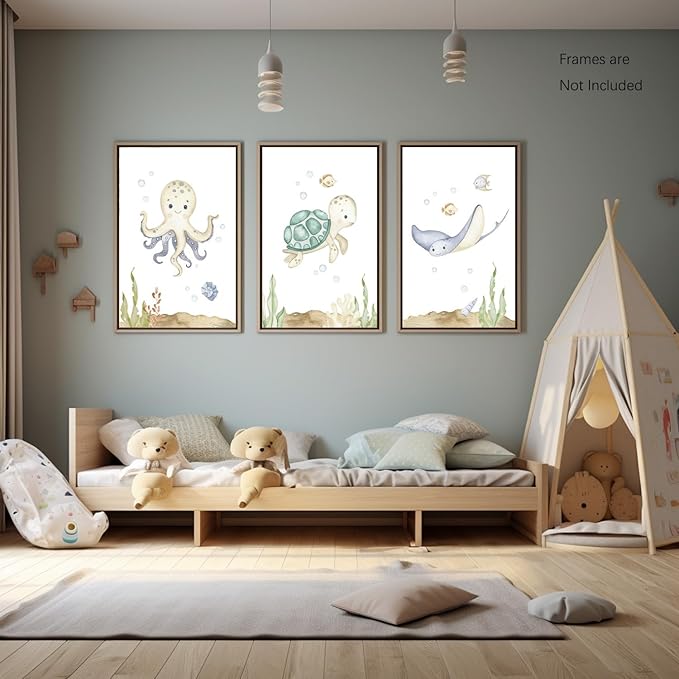 Wodkwq Ocean Nursery Decor, Set of 3, 12x16in Framed Canvas Prints, Under The Sea, Boys Room Sea Animal Wall Art, Nursery Wall Decor