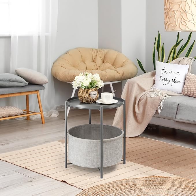 danpinera Round Side Table with Fabric Storage Basket, Metal Side Table Small Bedside Table Nightstand with Removable Tray Top for Living Room, Bedroom, Nursery, Laundry, Gray