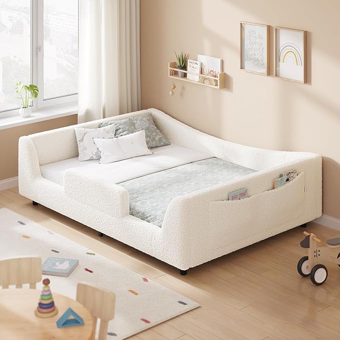 Full Floor Bed, Low Montessori 2-in-1 Convertible Beds, with Slats and High Rails, Upholstered Teddy Boucle, Curve Round Frame for Girls and Boys, No Box Spring Needed, Easy Assemble, Beige