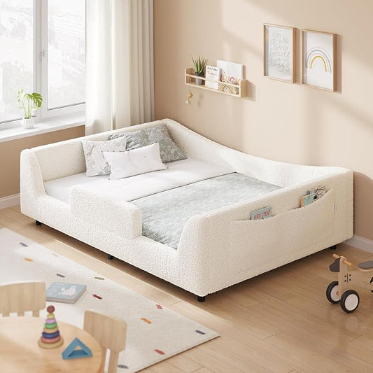 Full Floor Bed, Low Montessori 2-in-1 Convertible Beds, with Slats and High Rails, Upholstered Teddy Boucle, Curve Round Frame for Girls and Boys, No Box Spring Needed, Easy Assemble, Beige
