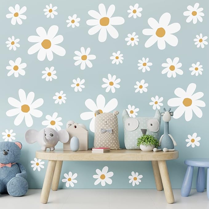 TaoBary 12 Sheets Daisy Wall Decal Flower Wall Sticker Cute Daisy Sticker Pink White Flower Decal Peel and Stick Floral Wallpaper for Nursery Bedroom Home Decor(White, Yellow,Cute Style)