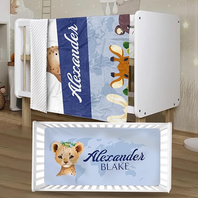 Personalized Crib Bedding Set for Boys Girls, Custom Baby Crib Sets with Name, Blue Leopard Design Nursery Bedding 2 Piece - Soft Blanket with Double Layer Dotted Backing, Crib Fitted Sheet