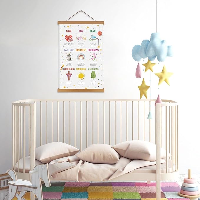 KAIRNE Bible Verse Poster With Wood Magnetic Hanger,Inspirational Hanging Decoration,Sunday School Motivational Wall Art(35X56CM) Rainbow Positive Canvas For Kids Bedroom Playroom Classroom Decor