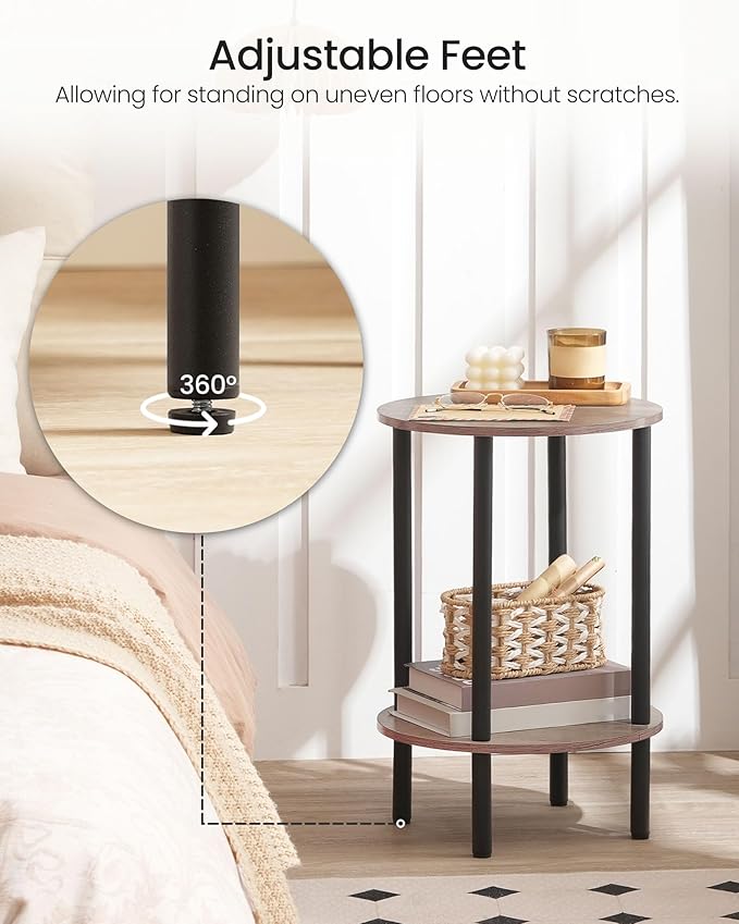 Side Table Set of 2, Round End Table, 2-Tier Small Nightstand with Sturdy Metal Tube, Industrial Coffee Table, for Living Room, Bedroom, Greige and Black TBZ01P2BG