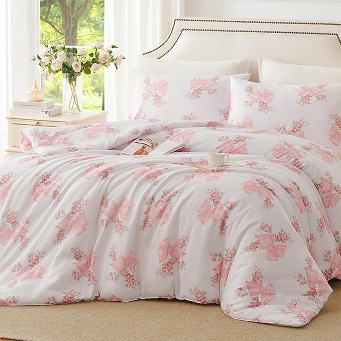 Pink Bow Duvet Cover Full 3Pcs Pink Floral Bedding Set for Girls Kids,Cute Princess Style Bowknot Bedding,Ultra Soft Garden Flower Bedding with 2 Pillowcases(No Comforter)