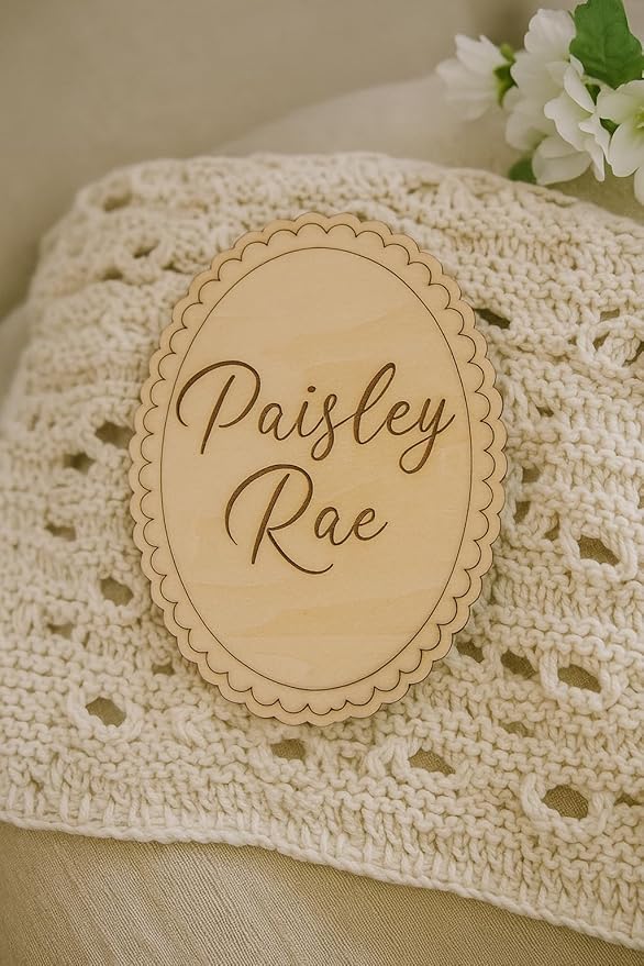 Personalized Engraved Scallop Edge Baby Name Sign, Birth Announcement Plaque, Baby Shower - Newborn Keepsake (Name Sign)