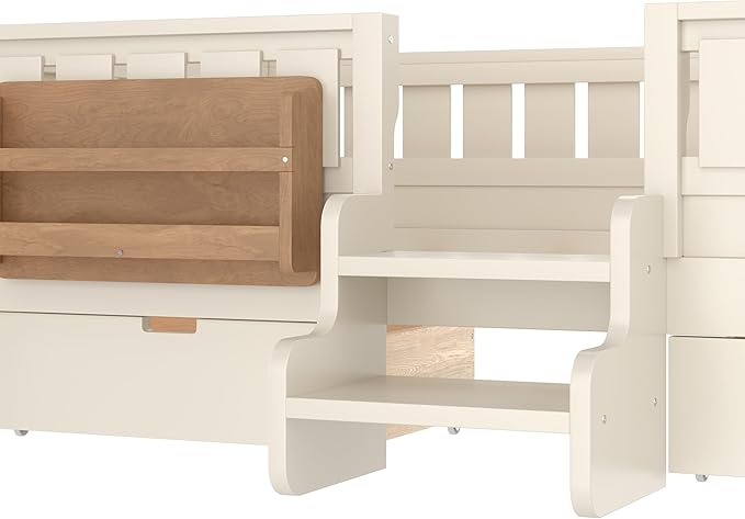 Bellemave Twin Size Kids Bed with high Rails and with Built-in Bookshelf and Drawers for Kids, Girls, Boys, Wood Montessori Bed Without Door, Beige