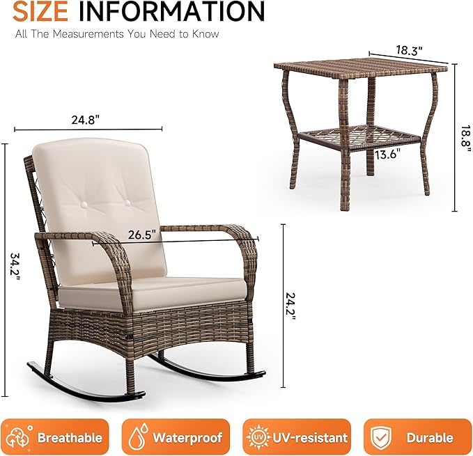 DECMICO 3 Pieces Rocking Bistro Set, Wicker Outdoor Rocking Chair with Washable Cushions, Rattan Rocking Chairs with Rattan Table, Outdoor Wicker Chair for Patio Backyard Porch Garden