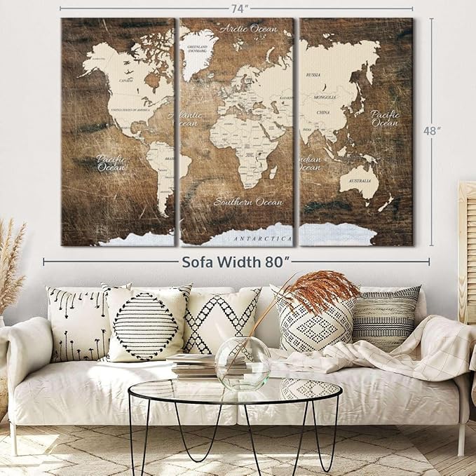 ElephantStock Aged Brown World Map I Wall Art - 3 Piece Canvas World Map Wall Decor - Ready-to-Hang Canvas Print - Vintage Wall Art - 74" X 48"
