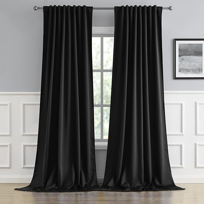 DUALIFE Black Blackout Curtains 102 Inches Long 2 Panels, Back Tab & Rod Pocket Thermal Insulated Curtains Room Darkening Curtains for Living Room Sliding Door,52W x 102L Inch