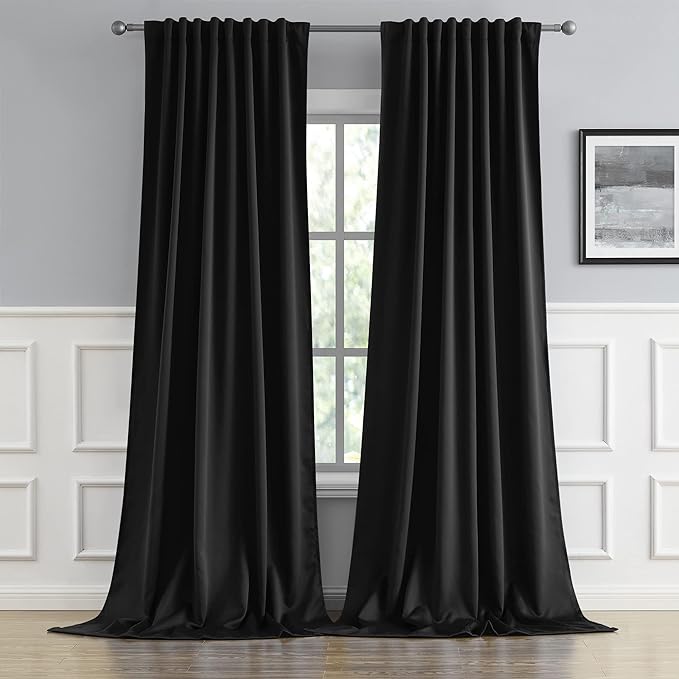DUALIFE Black Out Curtain Drapes 108 Inch Length for Living Room Thermal Insulated Blackout Energy Saving Long Curtains for Patio Sliding Glass Door, Black,52x108 Inch,9FT,2 Panels
