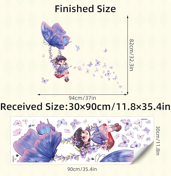 Purple Girl Butterfly Swing Wall Stickers, Cartoon Wall Decals Removable Vinyl Peel and Stick Kids Baby Children Nursery Bedroom Toddler Room Kindergarten Art Home Decorations