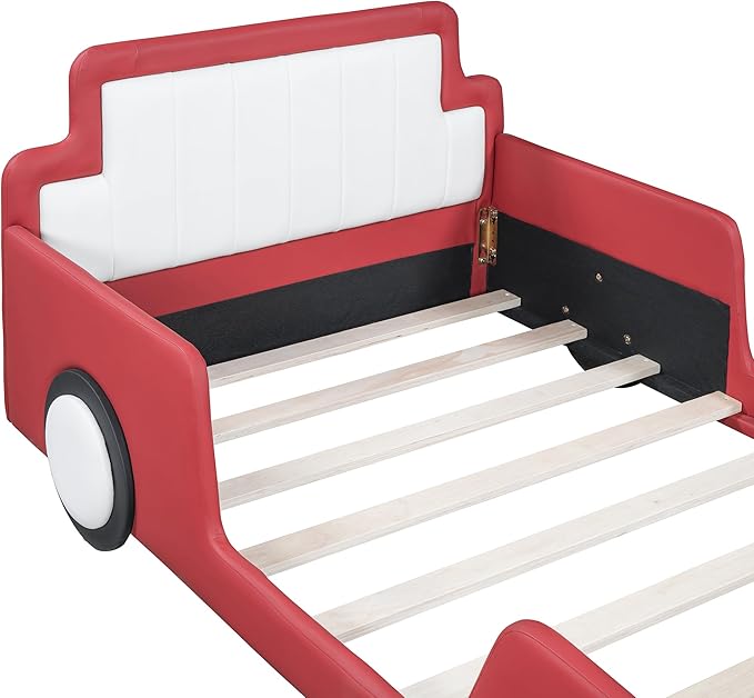 Twin Size Race Car-Shaped Platform Bed with Wheels, Unique Design Floor Bed with PU Leather Headboard and Safety Guardrails, Wood Slat Support for Kids,Boys,Girls (Red-100A)