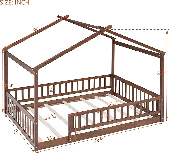 Merax Full Size Wooden House Bed with Fence, Wood Bed Frame with Roof and Safety Guardrail for Kids, Teens, Boys or Girls, Walnut