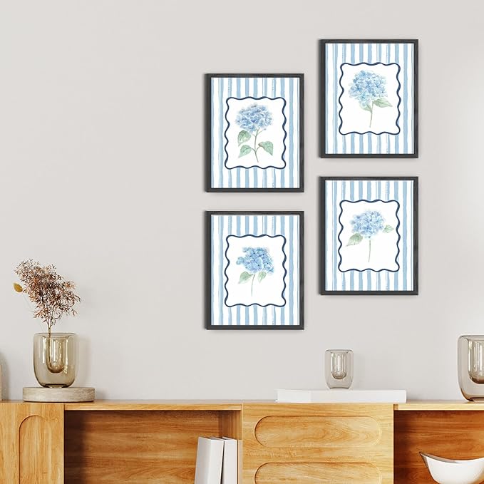 JINYO Retro Blue Hydrangea Floral Wall Art Prints Set of 4, Floral Room Decor, Rustic Blue and White Striped Botanical Flower Posters Pictures Wall Decor for Home Bedroom, 8x10 Unframed