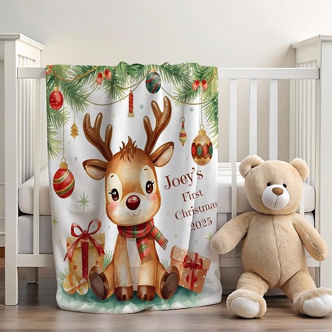 Personalized Baby's First Christmas Blanket, Custom Reindeer Baby Name Christmas Blanket, Soft Fleece Or Sherpa Throw, Baby Shower, Made in USA