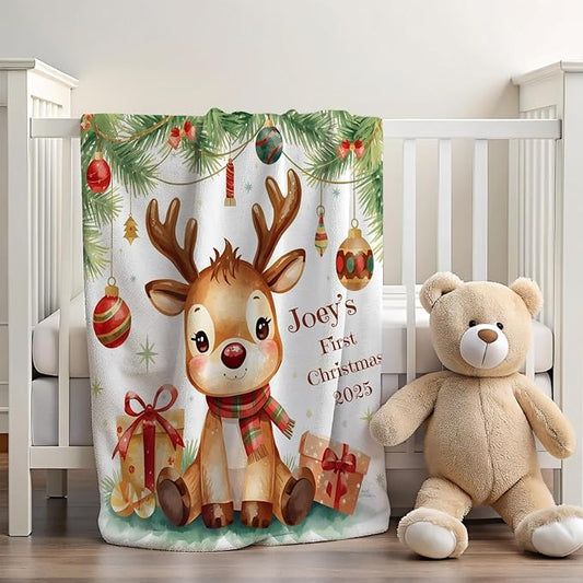 Personalized Baby's First Christmas Blanket, Custom Reindeer Baby Name Christmas Blanket, Soft Fleece Or Sherpa Throw, Baby Shower, Made in USA