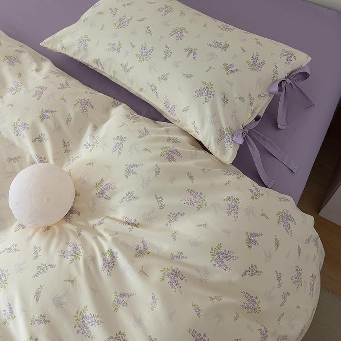 HighBuy Botanical Floral Duvet Cover Full Boho Duvet Cover Set Soft Cotton Coquette Bedding White Duvet Cover Set Floral Duvet Cover,Soft Cotton Full Bedding Set with 2 Bowknot Bow Tie Pillowcases
