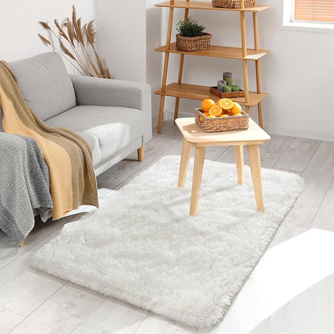 BENRON Cream White Fluffy Rug 2 x 3, Soft and Plush Throw Rugs for Bedroom Entryway Hallway Kitchen, Small Fuzzy Washable Rug for Kids Girls Room Decor Photo Prop