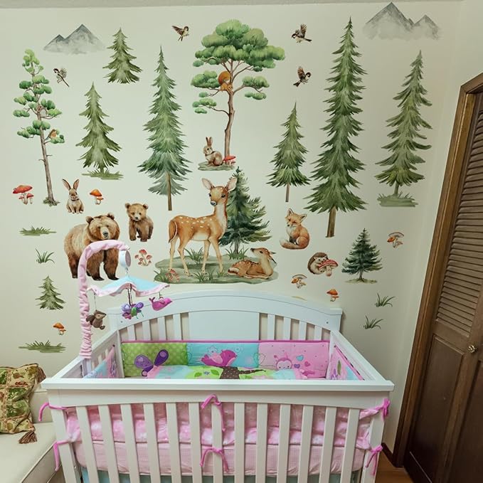 Forest Tree Wall Stickers for Kids Bedroom, Large Pine Tree Wall Art with Deer, Bear, Rabbit, Fox, Squirrel & Hedgehog, Wall Decals Peel and Stick Decal for Nursery Kids Room Décor