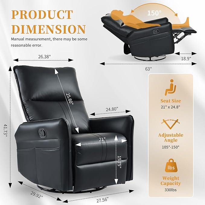 Swivel Rocker Recliner Chair, Upholstered 360° Fabric Leather Glider Rocker Chair for Nursery, Manual Small Recliners for Small Spaces Living Room Weight Capacity 300lbs