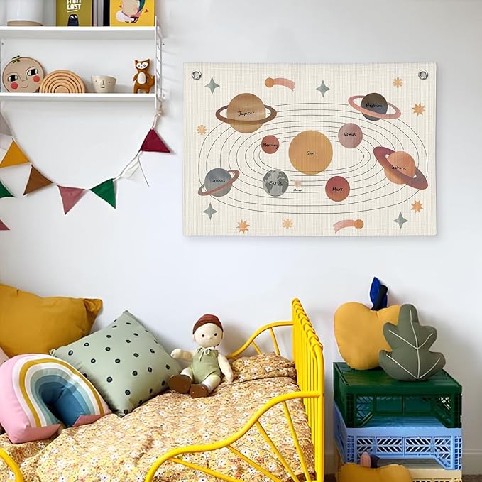 Solar System for Kids, Space Nursery Decor, Space Themed Party Decorations, Solar System Linen Canvas Banner Wall Hanging Flag Decor for Playroom 20x30