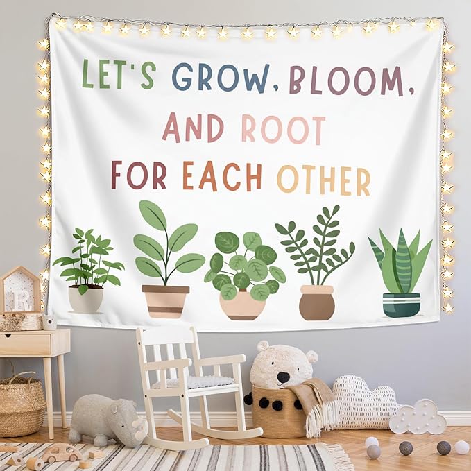 LIANGW Classroom Decor, Positive Affirmations Wall Decor, Boho Classroom Tapestry, Lets Grow Bloom And Root For Each Other, Nature Plant Education Wall Art Tapestries Wall Hanging 50x60 inches